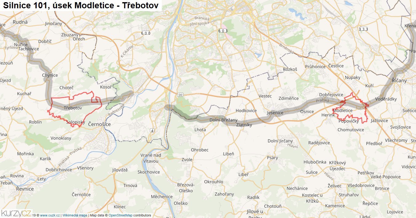 Úsek Modletice - Třebotov, Silnice 101 - Mapa