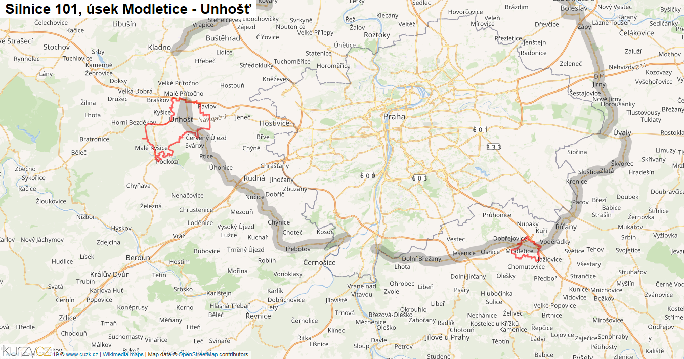 Úsek Modletice - Unhošť, Silnice 101 - Mapa