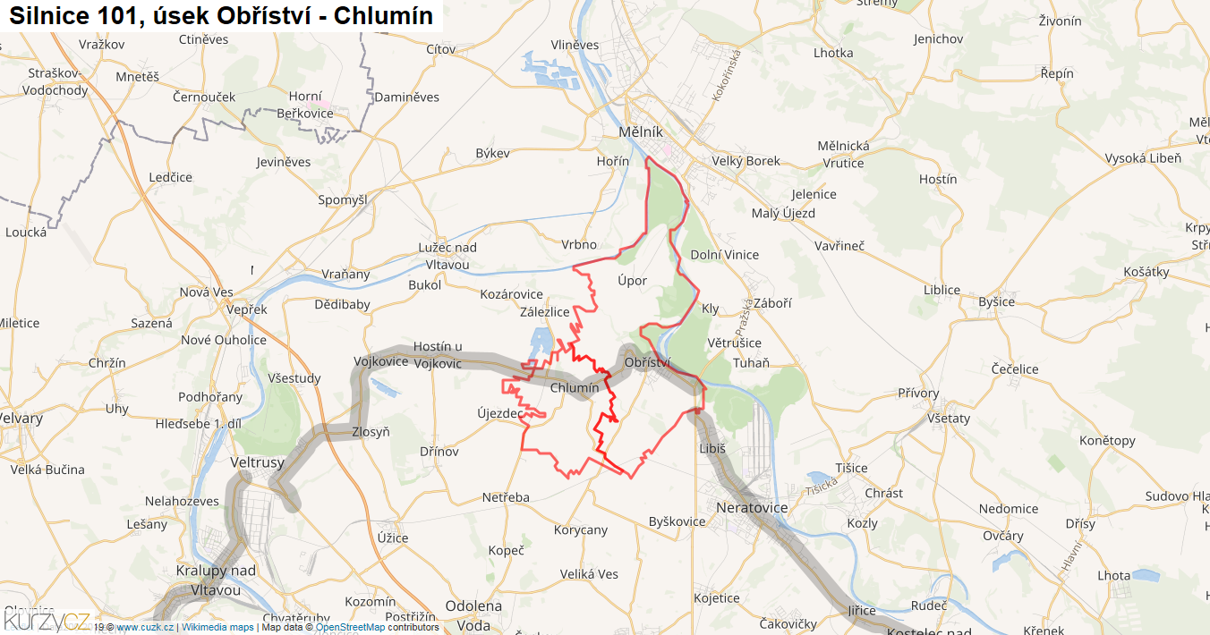 Úsek Obříství - Chlumín, Silnice 101 - Mapa