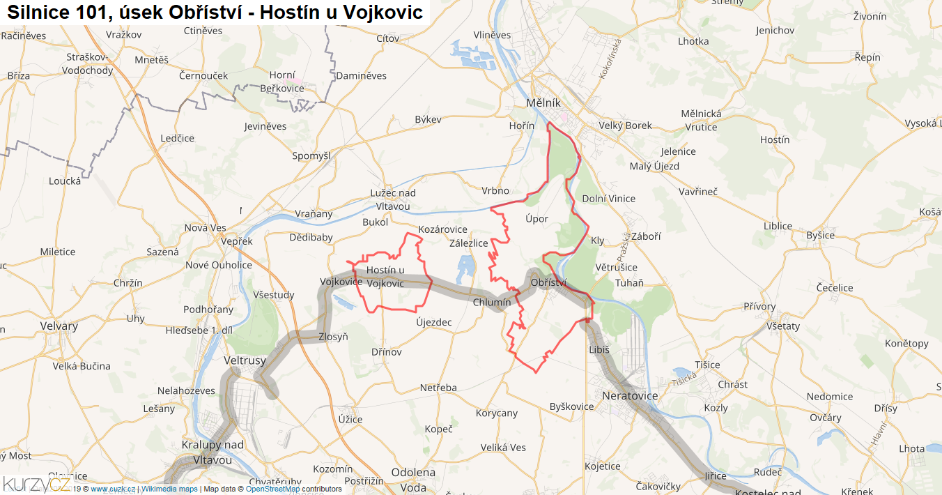 Úsek Obříství - Hostín u Vojkovic, Silnice 101 - Mapa