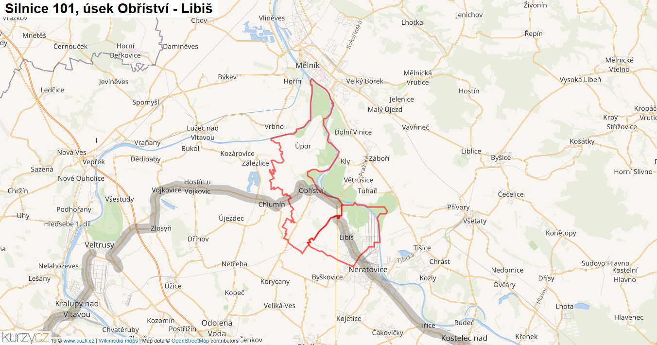 Úsek Obříství - Libiš, Silnice 101 - Mapa