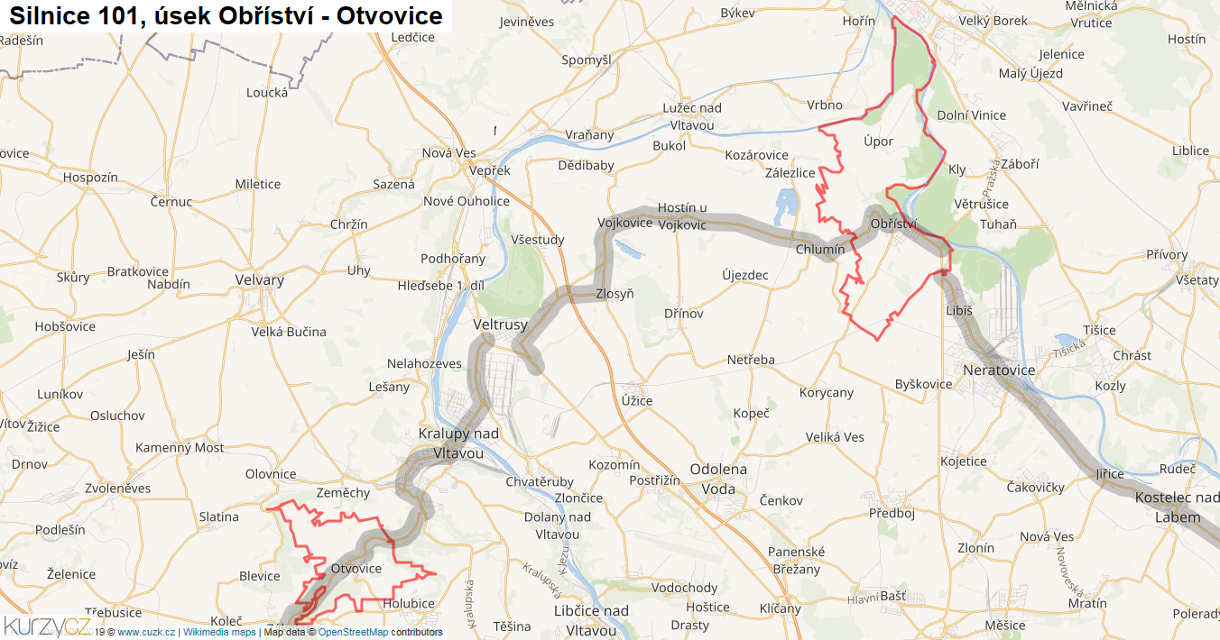 Úsek Obříství - Otvovice, Silnice 101 - Mapa