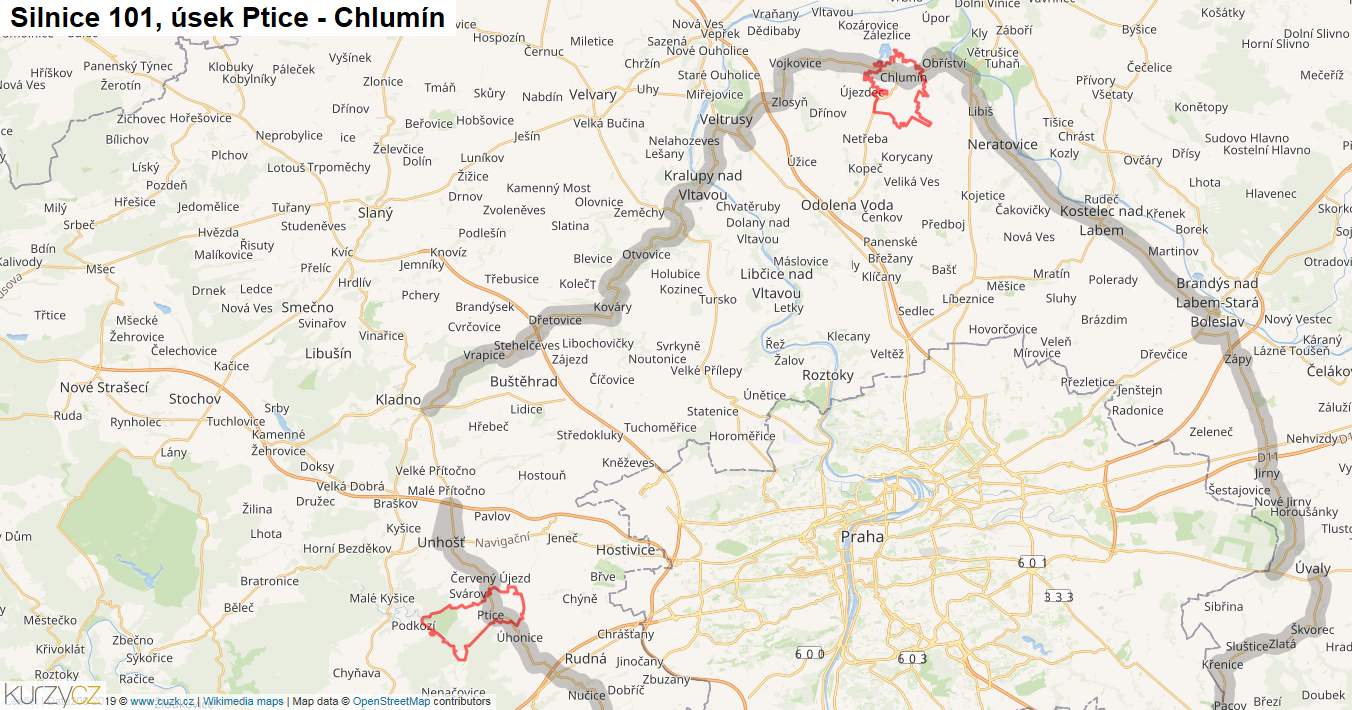 Úsek Ptice - Chlumín, Silnice 101 - Mapa