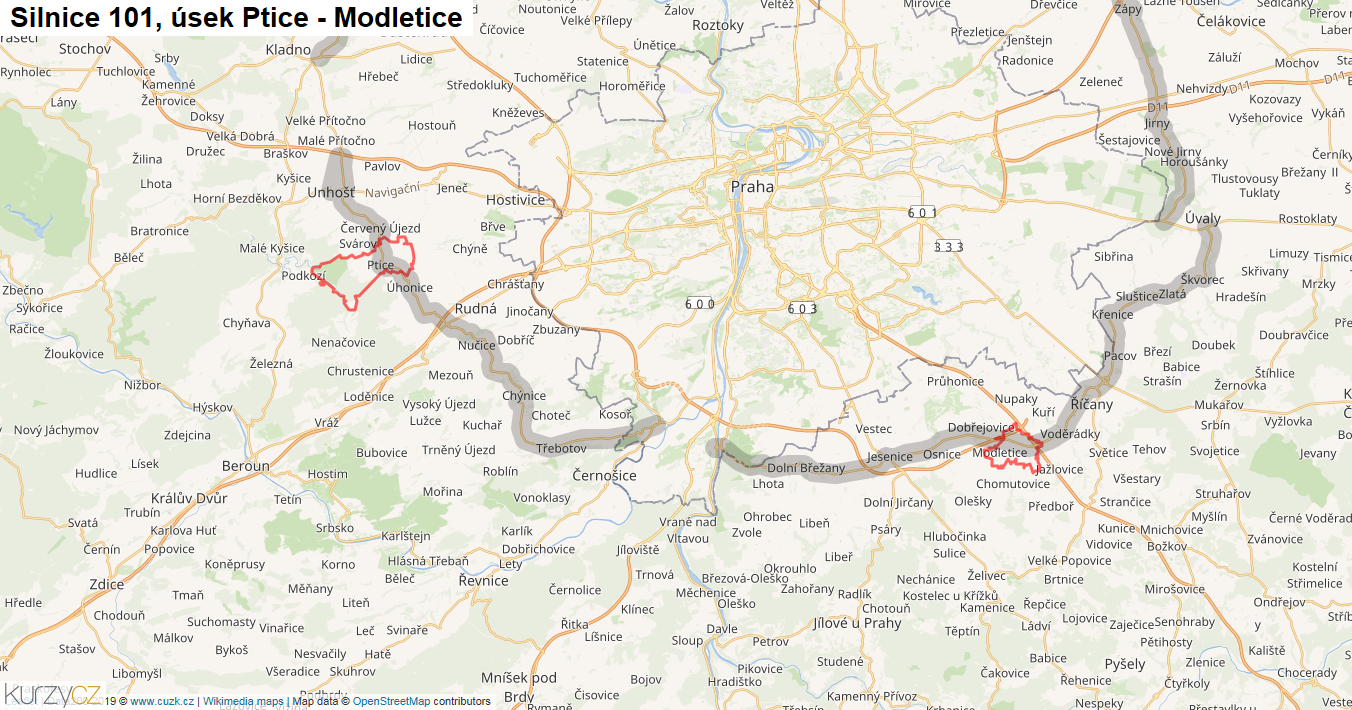 Úsek Ptice - Modletice, Silnice 101 - Mapa