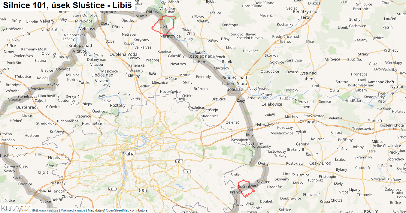 Úsek Sluštice - Libiš, Silnice 101 - Mapa