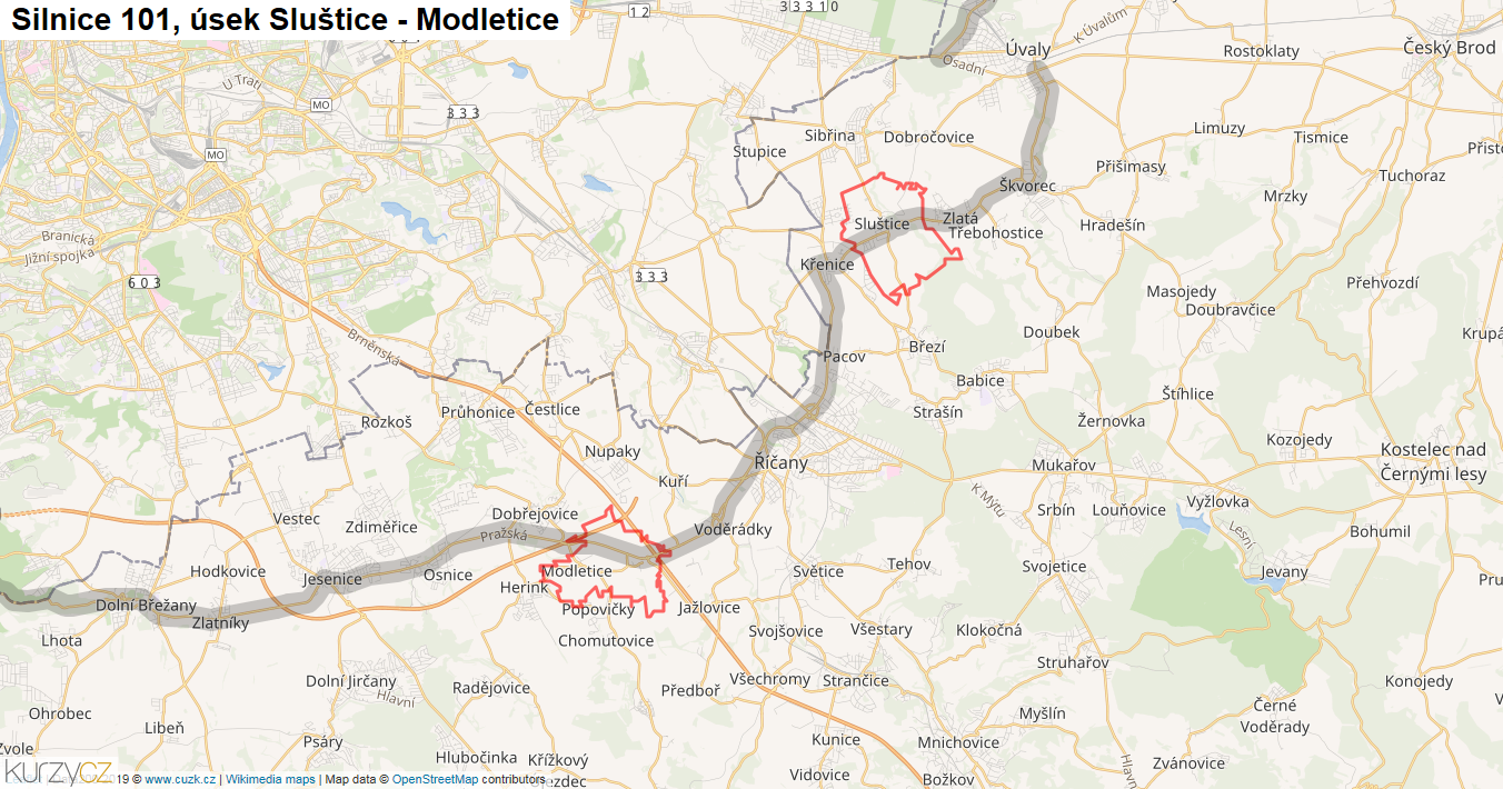 Úsek Sluštice - Modletice, Silnice 101 - Mapa