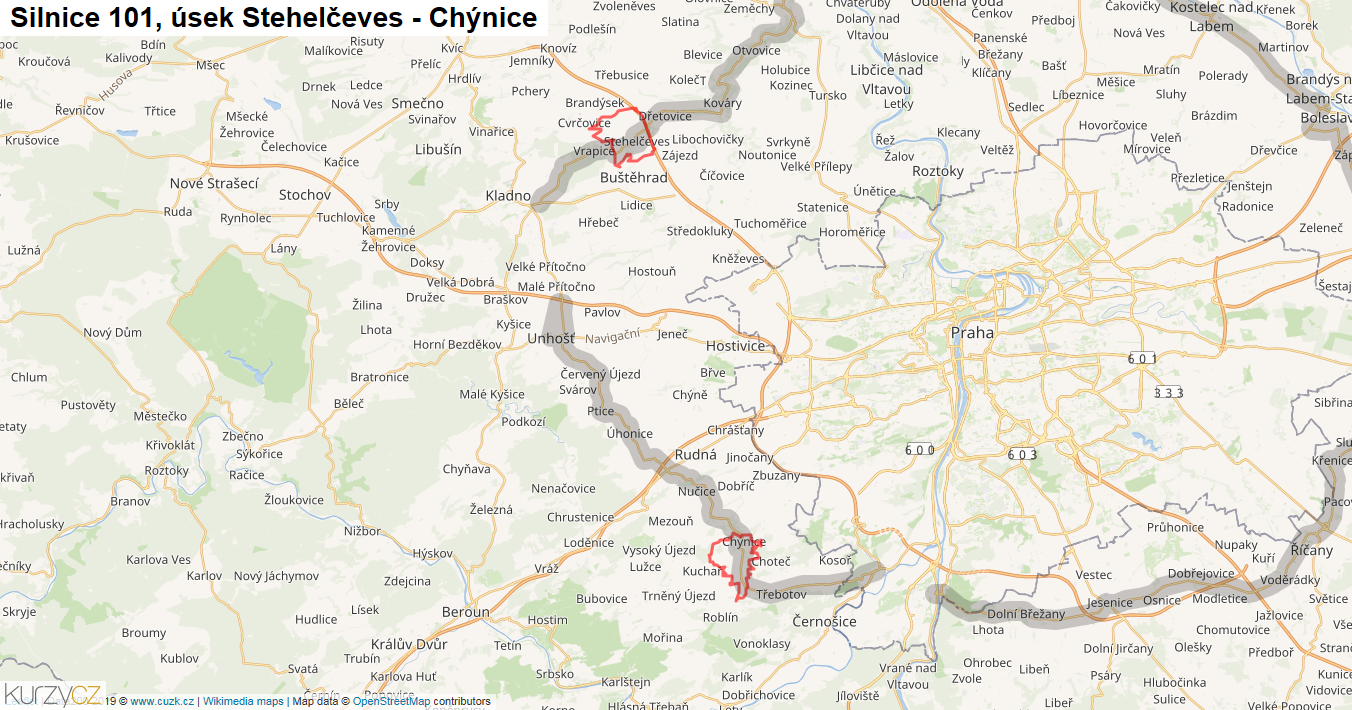 Úsek Stehelčeves - Chýnice, Silnice 101 - Mapa