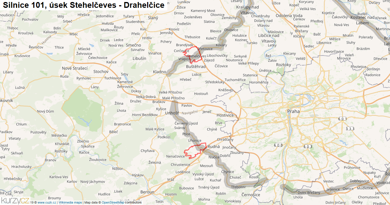 Úsek Stehelčeves - Drahelčice, Silnice 101 - Mapa