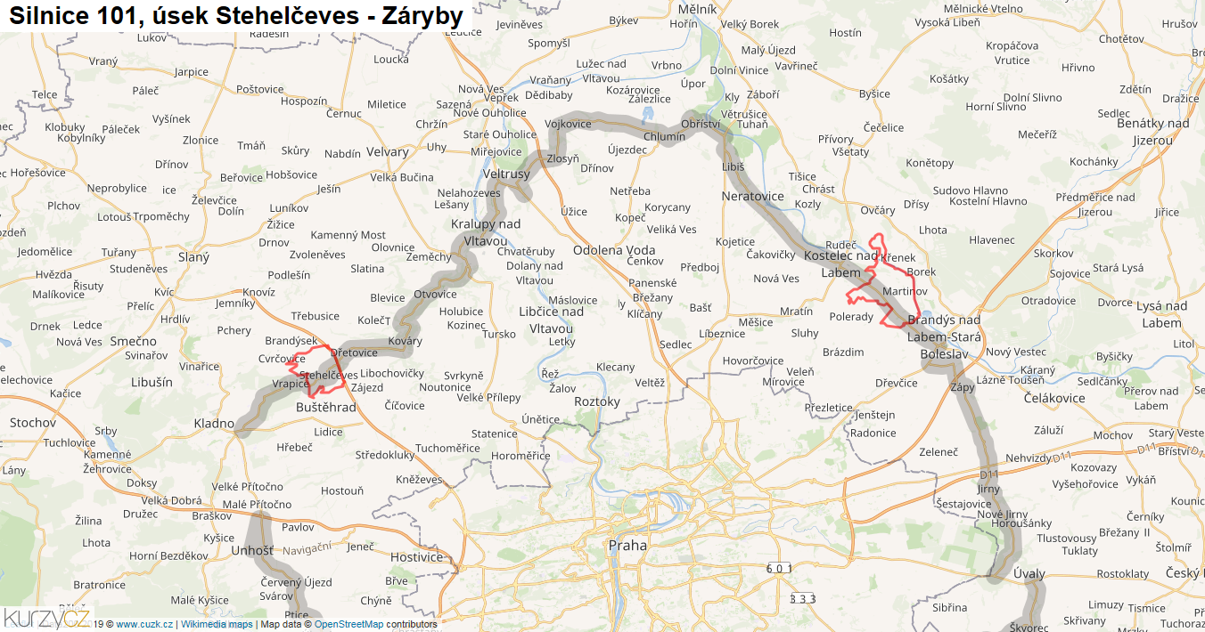 Úsek Stehelčeves - Záryby, Silnice 101 - Mapa