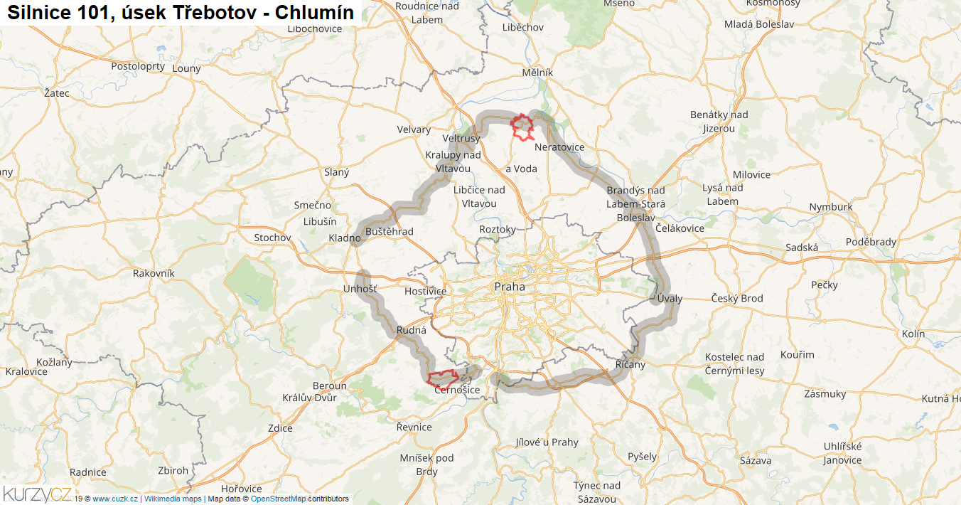 Úsek Třebotov - Chlumín, Silnice 101 - Mapa