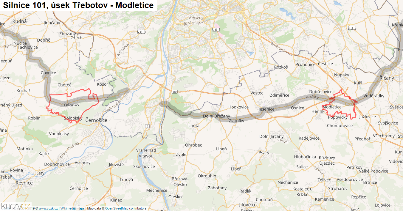 Úsek Třebotov - Modletice, Silnice 101 - Mapa