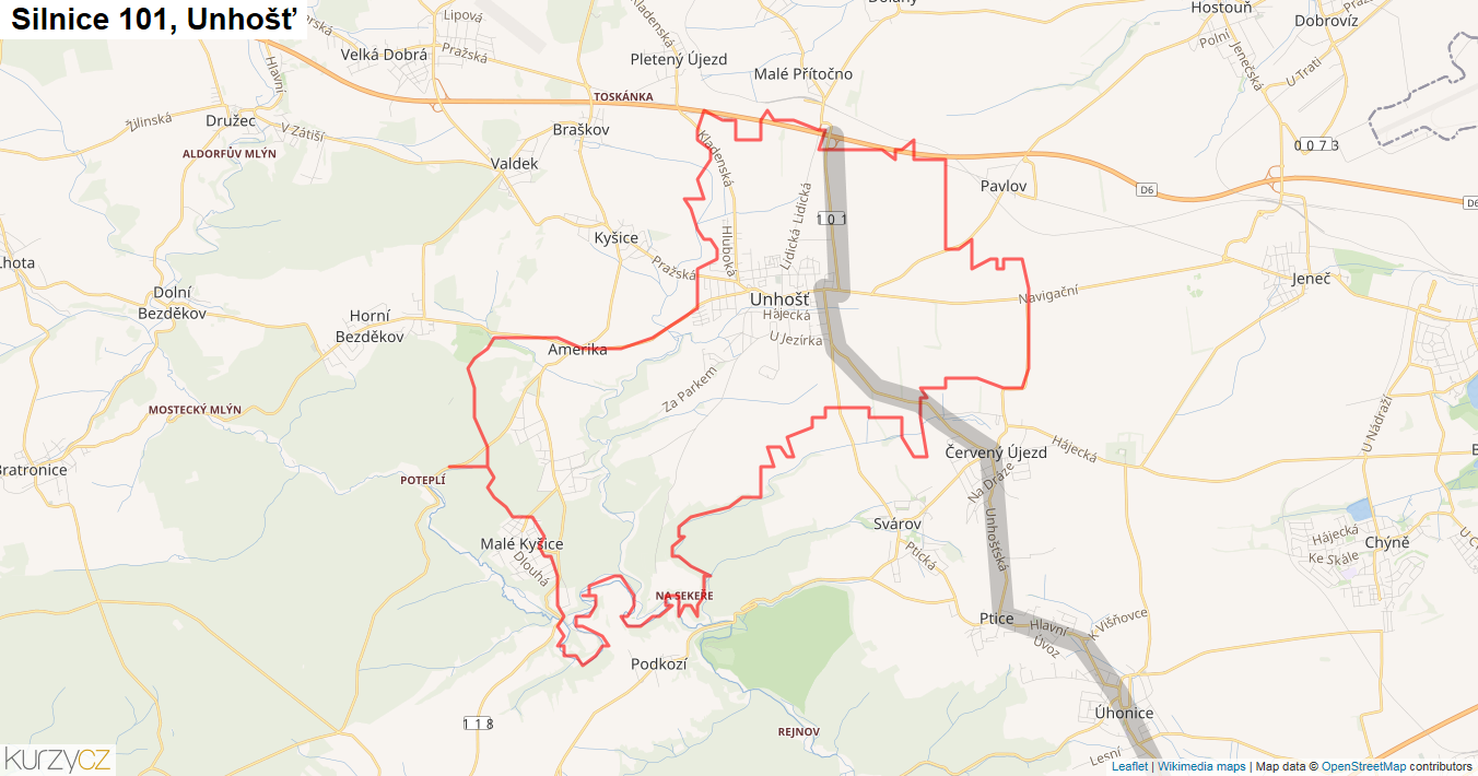 Unhošť, Silnice 101 - Mapa