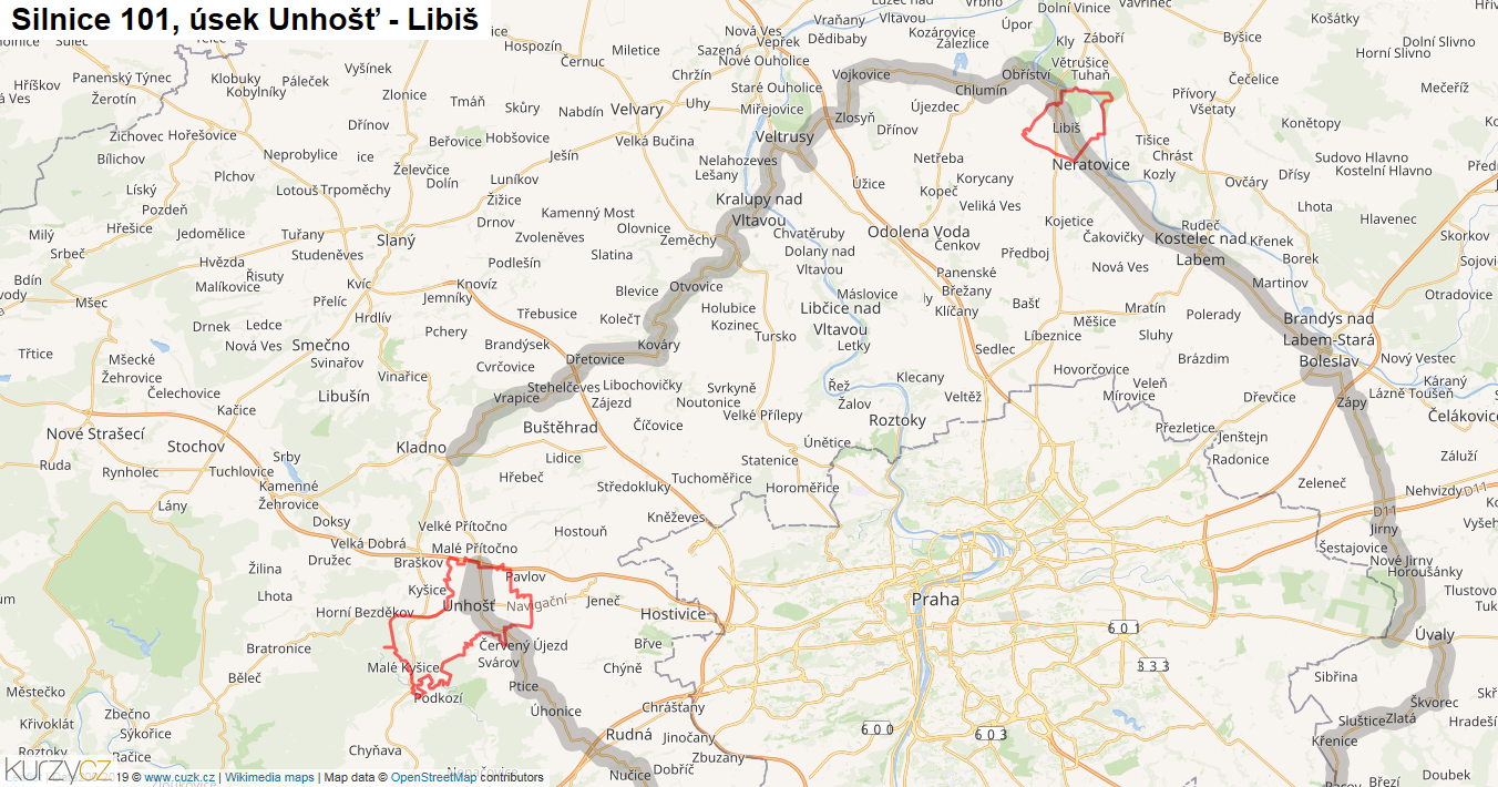 Úsek Unhošť - Libiš, Silnice 101 - Mapa
