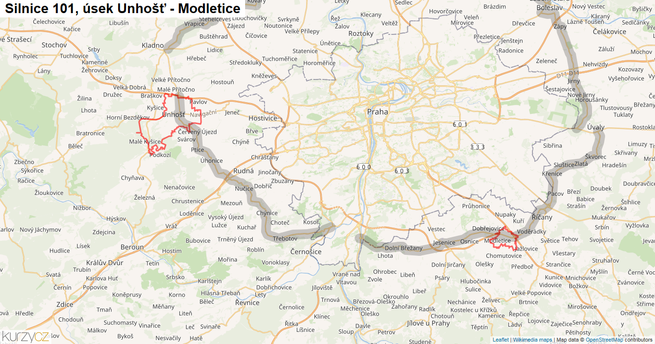 Úsek Unhošť - Modletice, Silnice 101 - Mapa