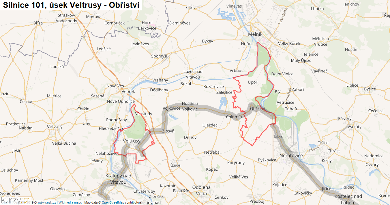 Úsek Veltrusy - Obříství, Silnice 101 - Mapa