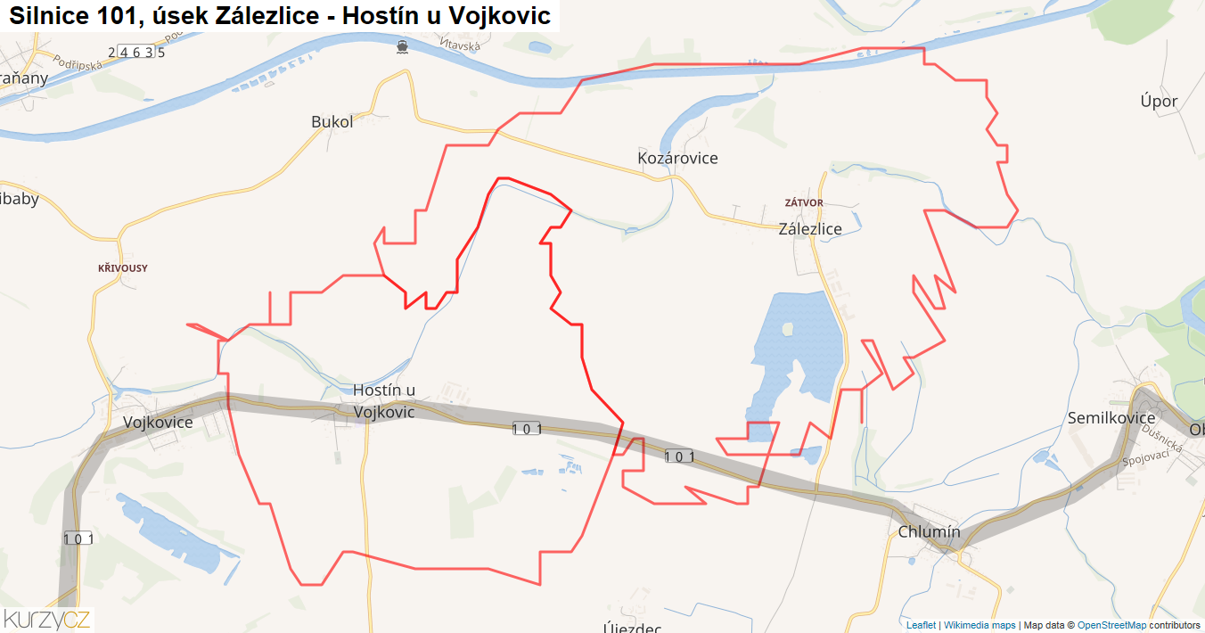 Úsek Zálezlice - Hostín u Vojkovic, Silnice 101 - Mapa