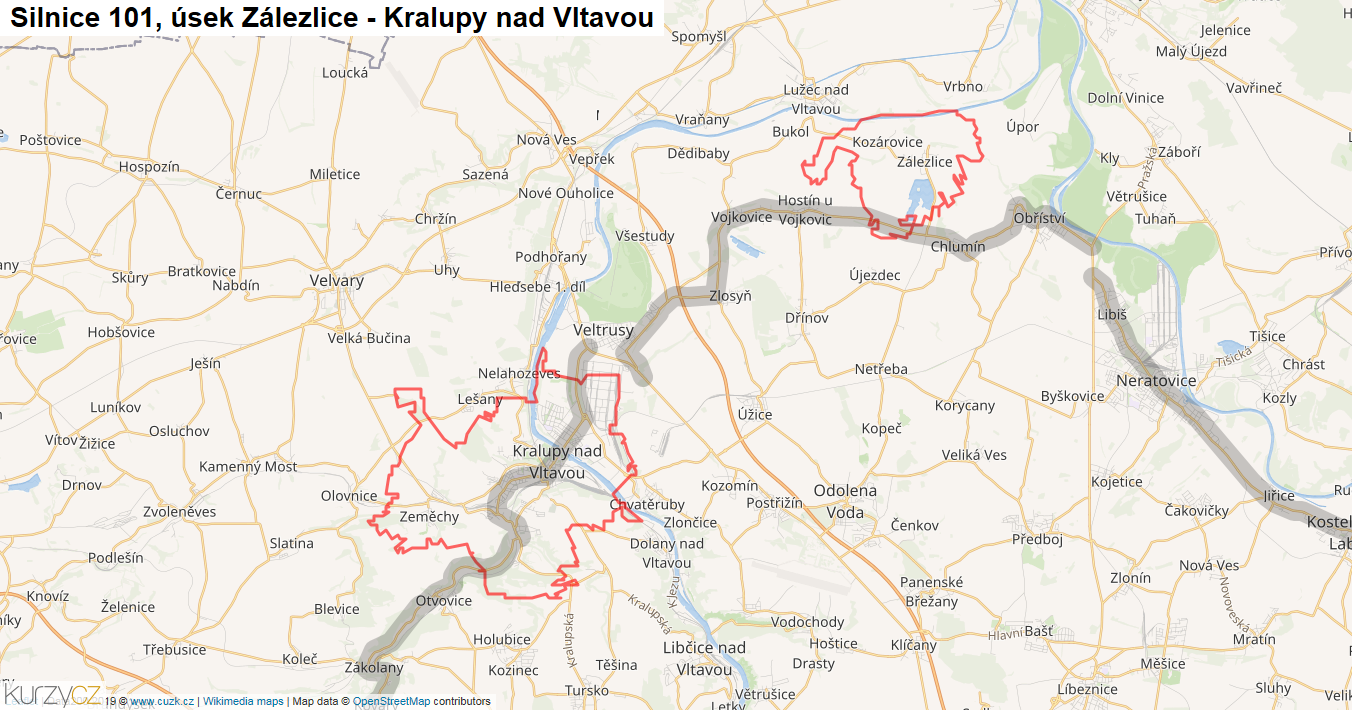 Úsek Zálezlice - Kralupy nad Vltavou, Silnice 101 - Mapa