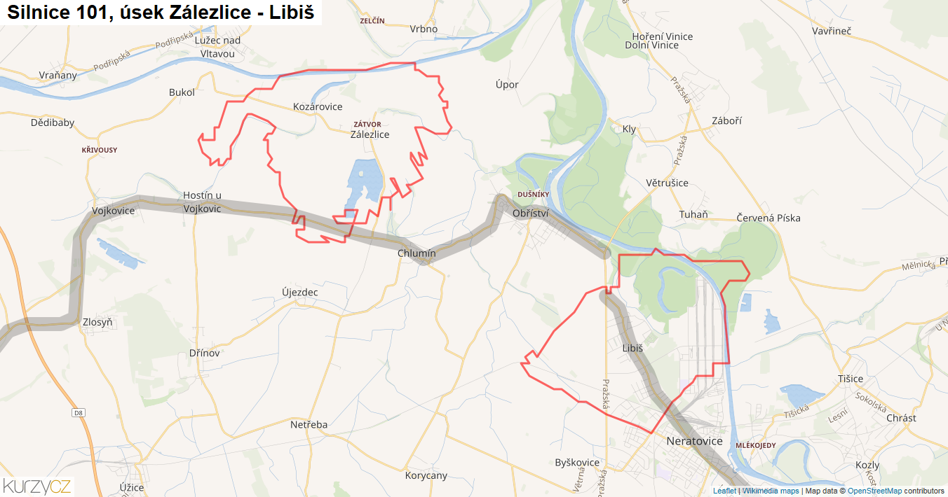 Úsek Zálezlice - Libiš, Silnice 101 - Mapa