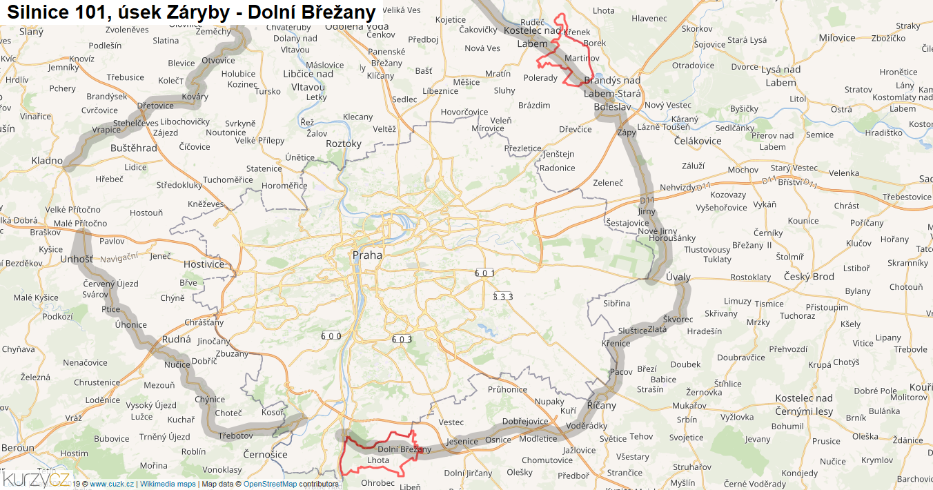 Úsek Záryby - Dolní Břežany, Silnice 101 - Mapa