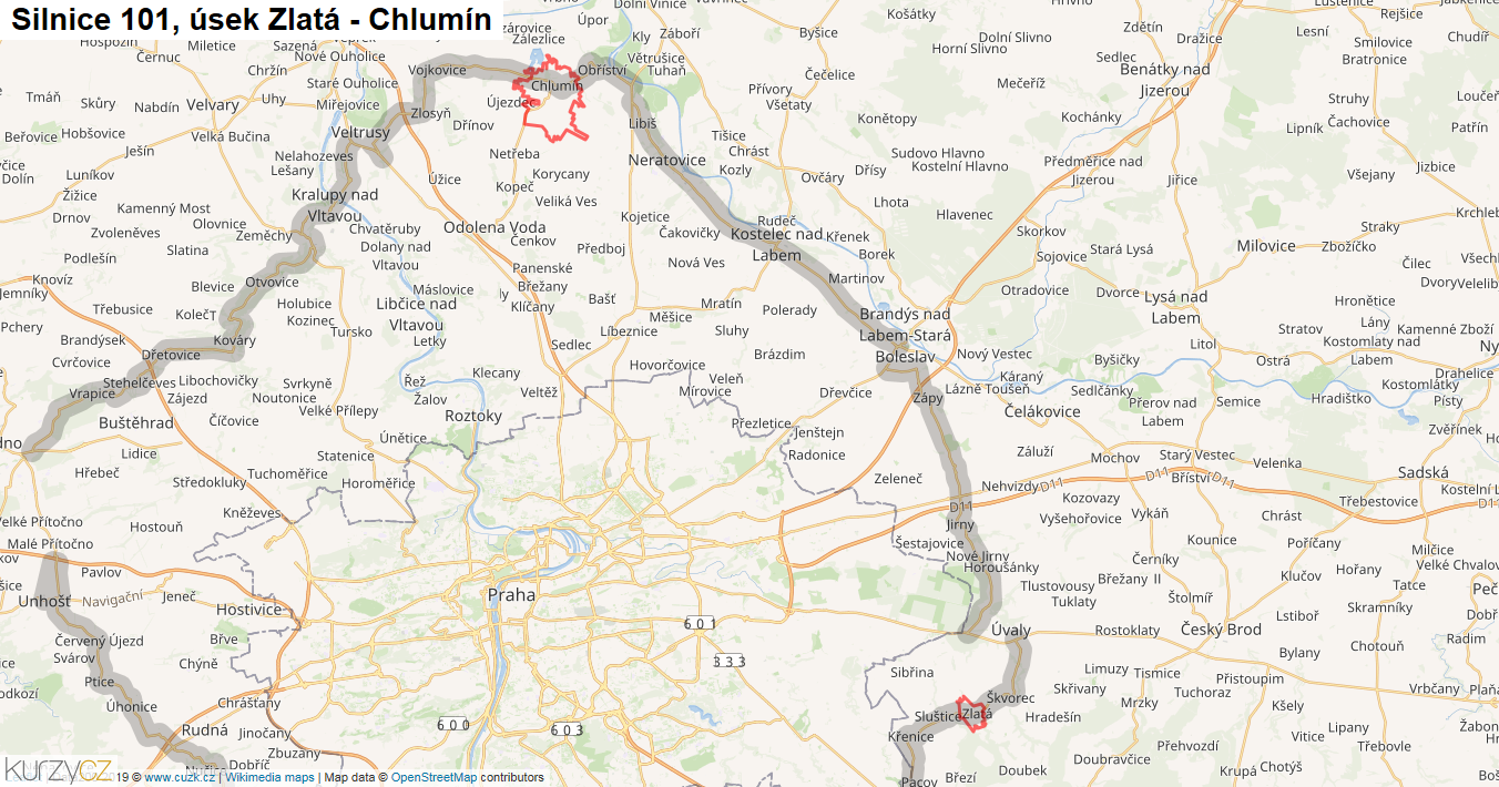 Úsek Zlatá - Chlumín, Silnice 101 - Mapa
