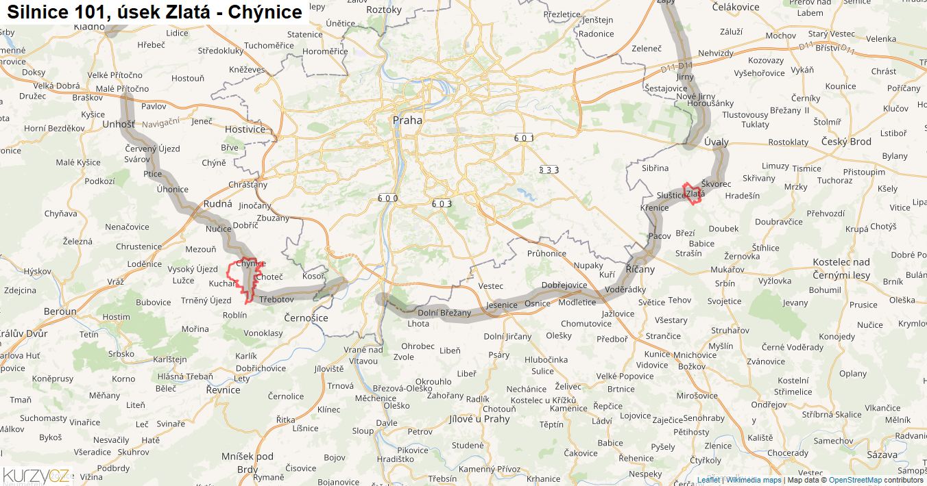 Úsek Zlatá - Chýnice, Silnice 101 - Mapa