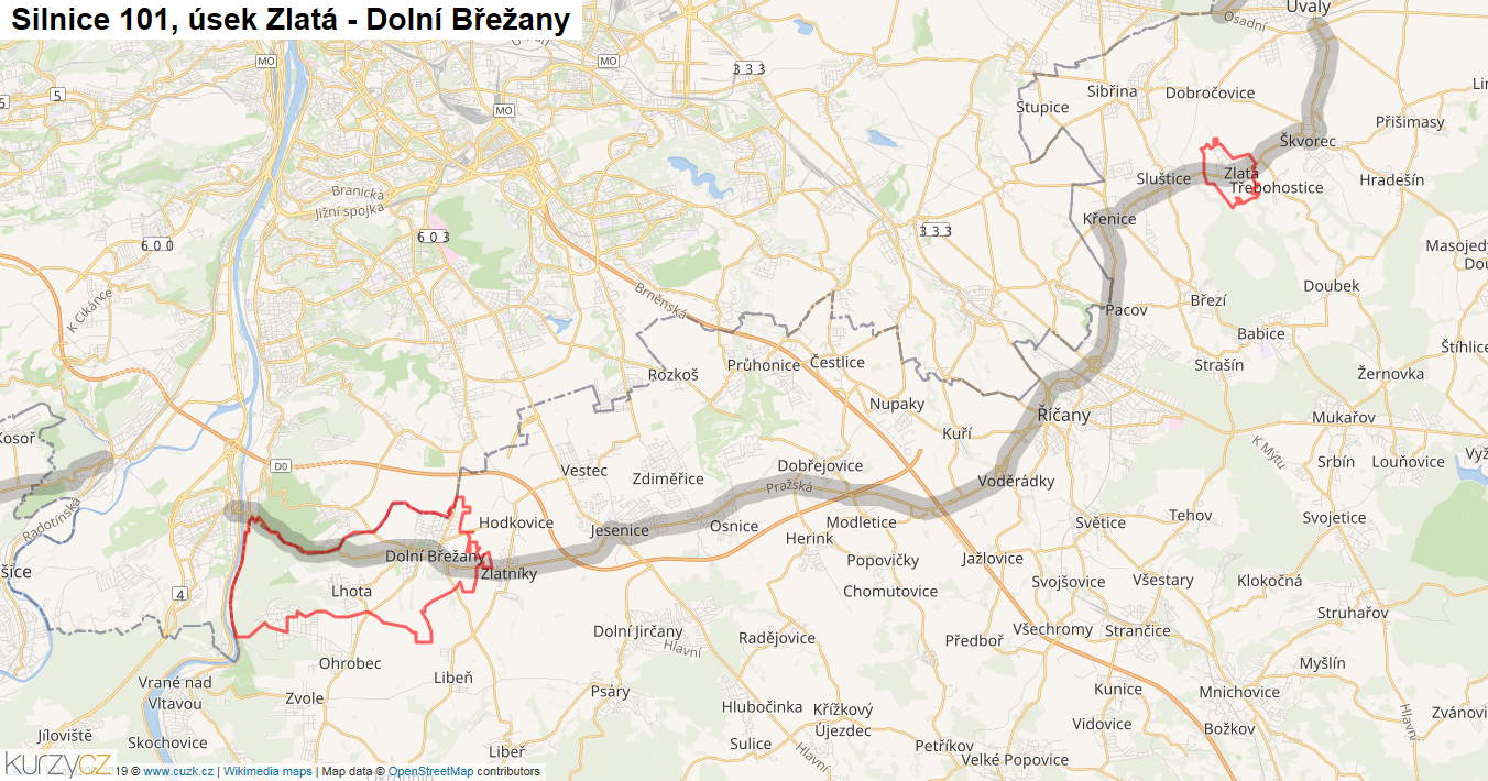 Úsek Zlatá - Dolní Břežany, Silnice 101 - Mapa