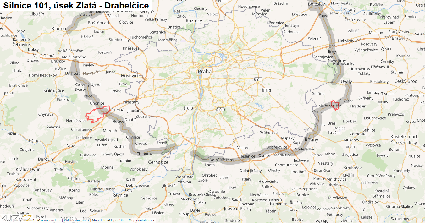 Úsek Zlatá - Drahelčice, Silnice 101 - Mapa