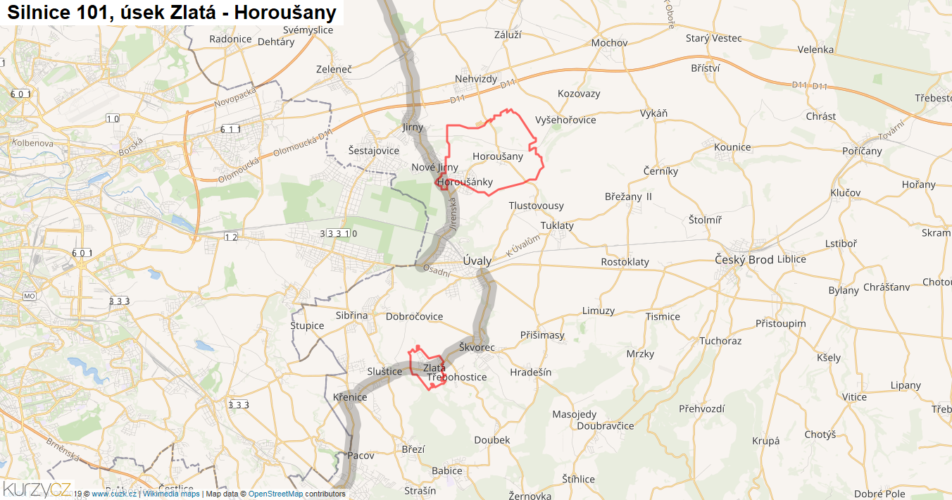Úsek Zlatá - Horoušany, Silnice 101 - Mapa
