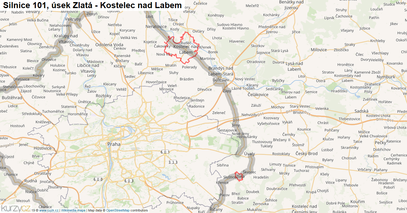 Úsek Zlatá - Kostelec nad Labem, Silnice 101 - Mapa