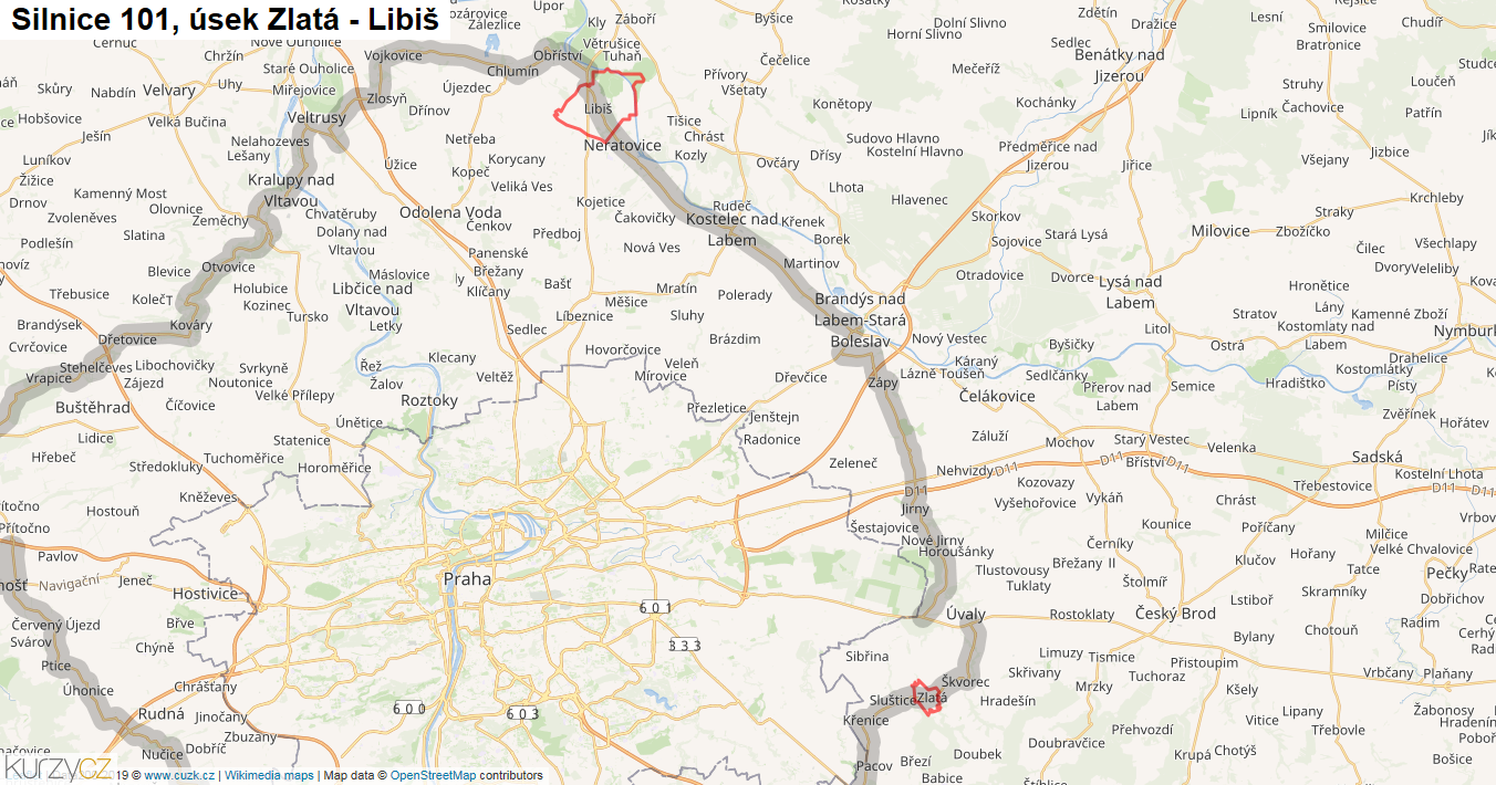Úsek Zlatá - Libiš, Silnice 101 - Mapa