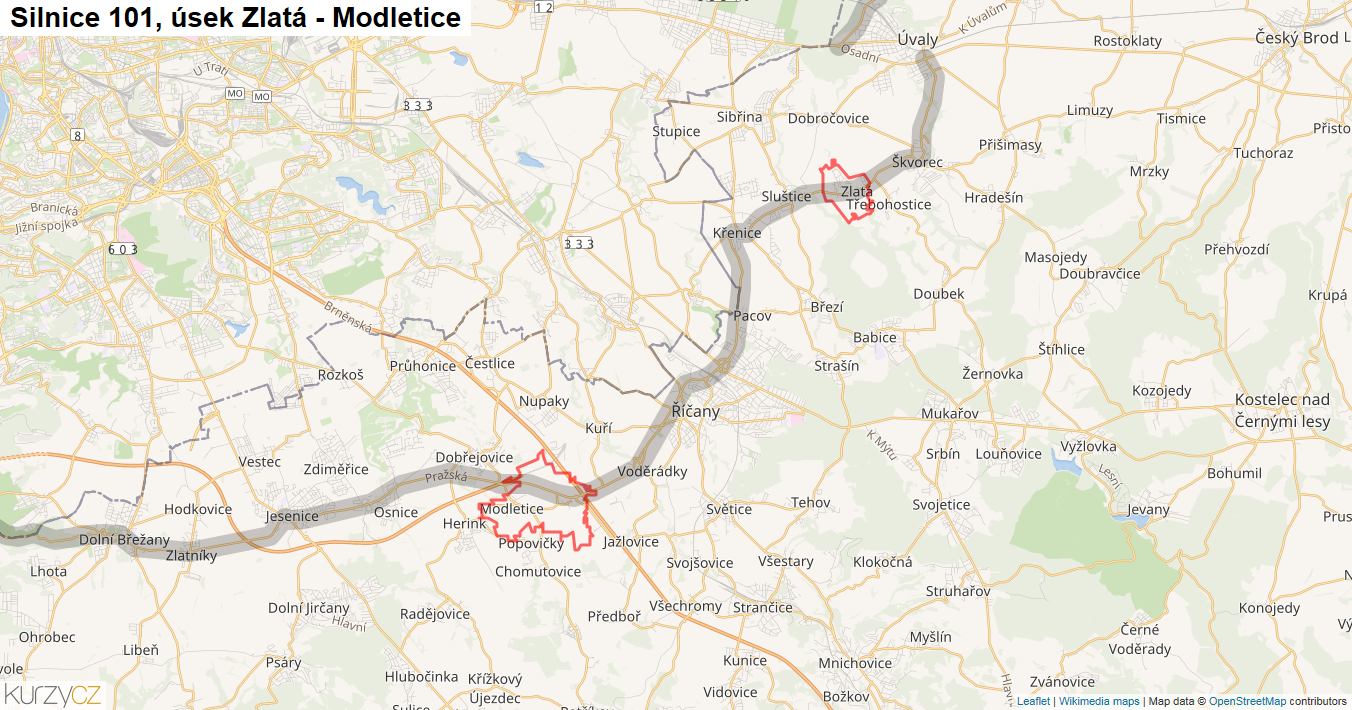 Úsek Zlatá - Modletice, Silnice 101 - Mapa