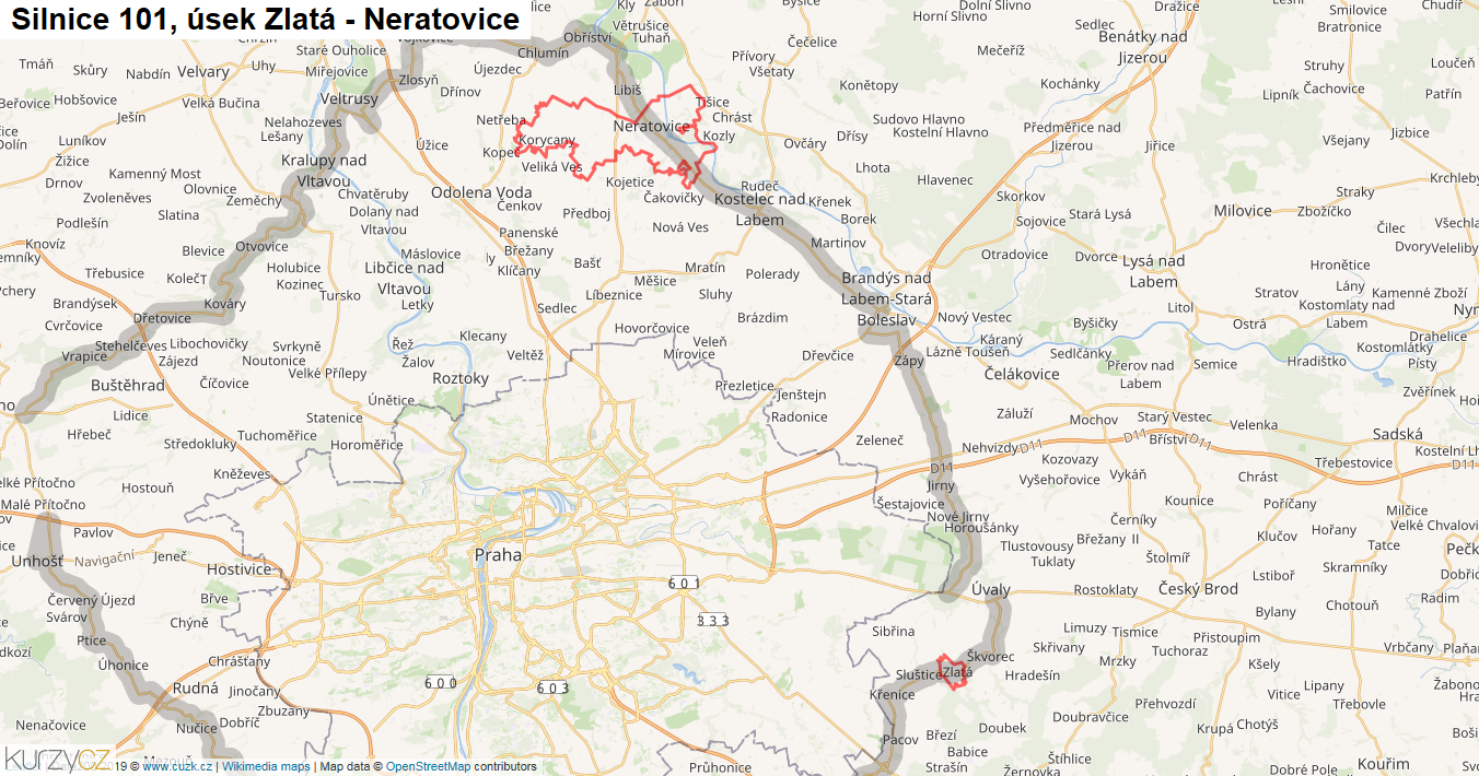 Úsek Zlatá - Neratovice, Silnice 101 - Mapa