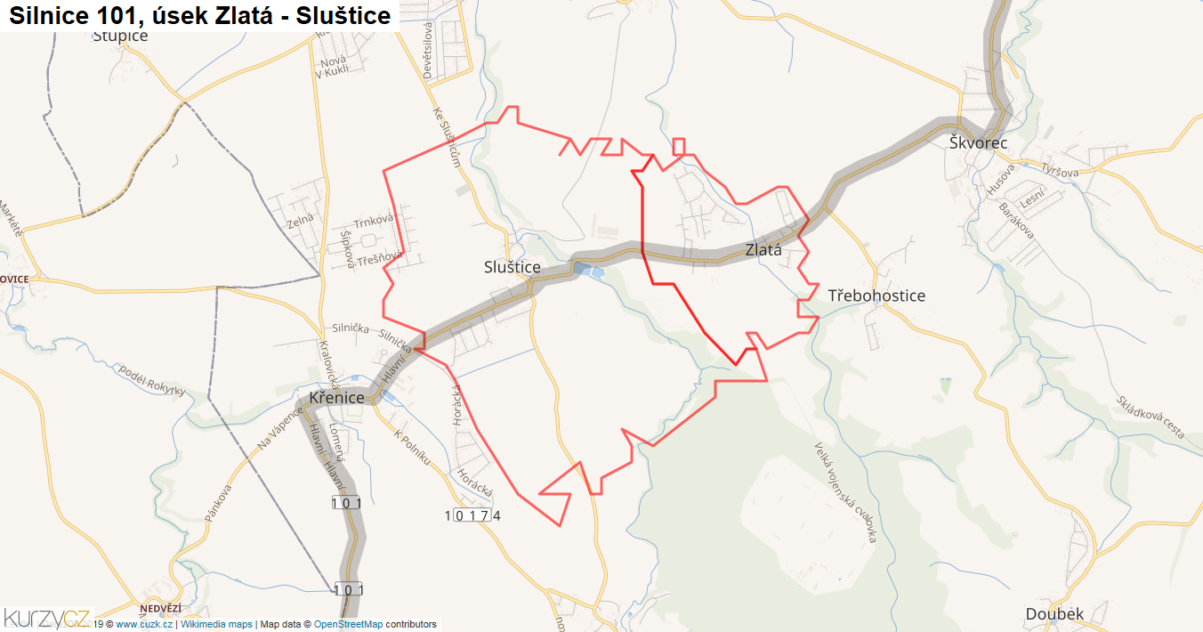 Úsek Zlatá - Sluštice, Silnice 101 - Mapa