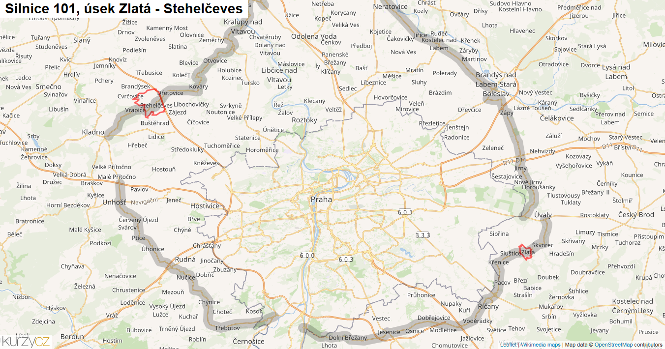 Úsek Zlatá - Stehelčeves, Silnice 101 - Mapa