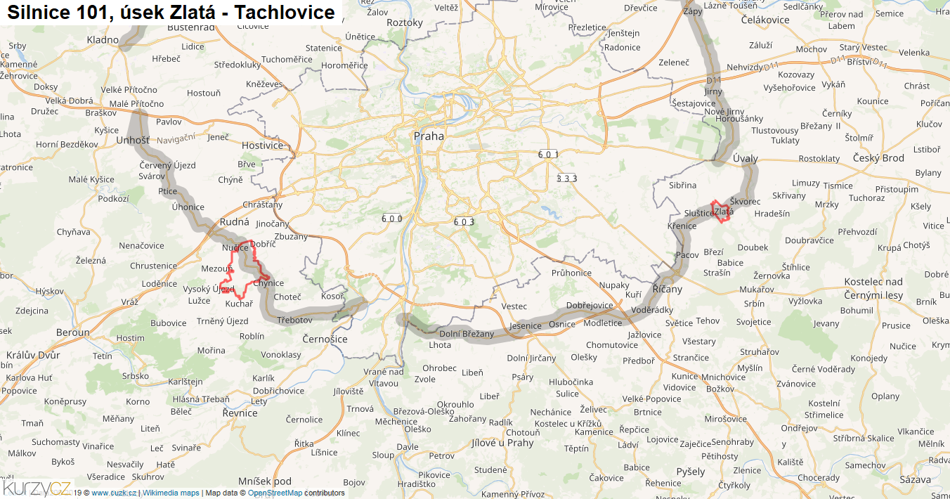 Úsek Zlatá - Tachlovice, Silnice 101 - Mapa