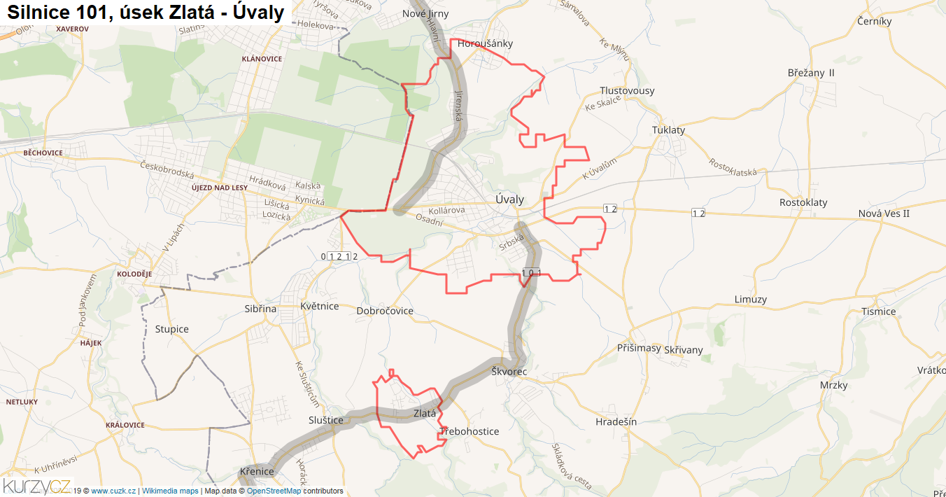 Úsek Zlatá - Úvaly, Silnice 101 - Mapa