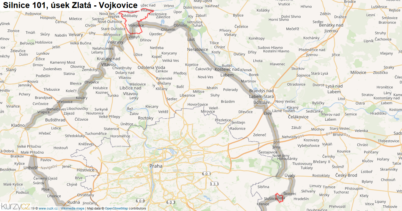 Úsek Zlatá - Vojkovice, Silnice 101 - Mapa