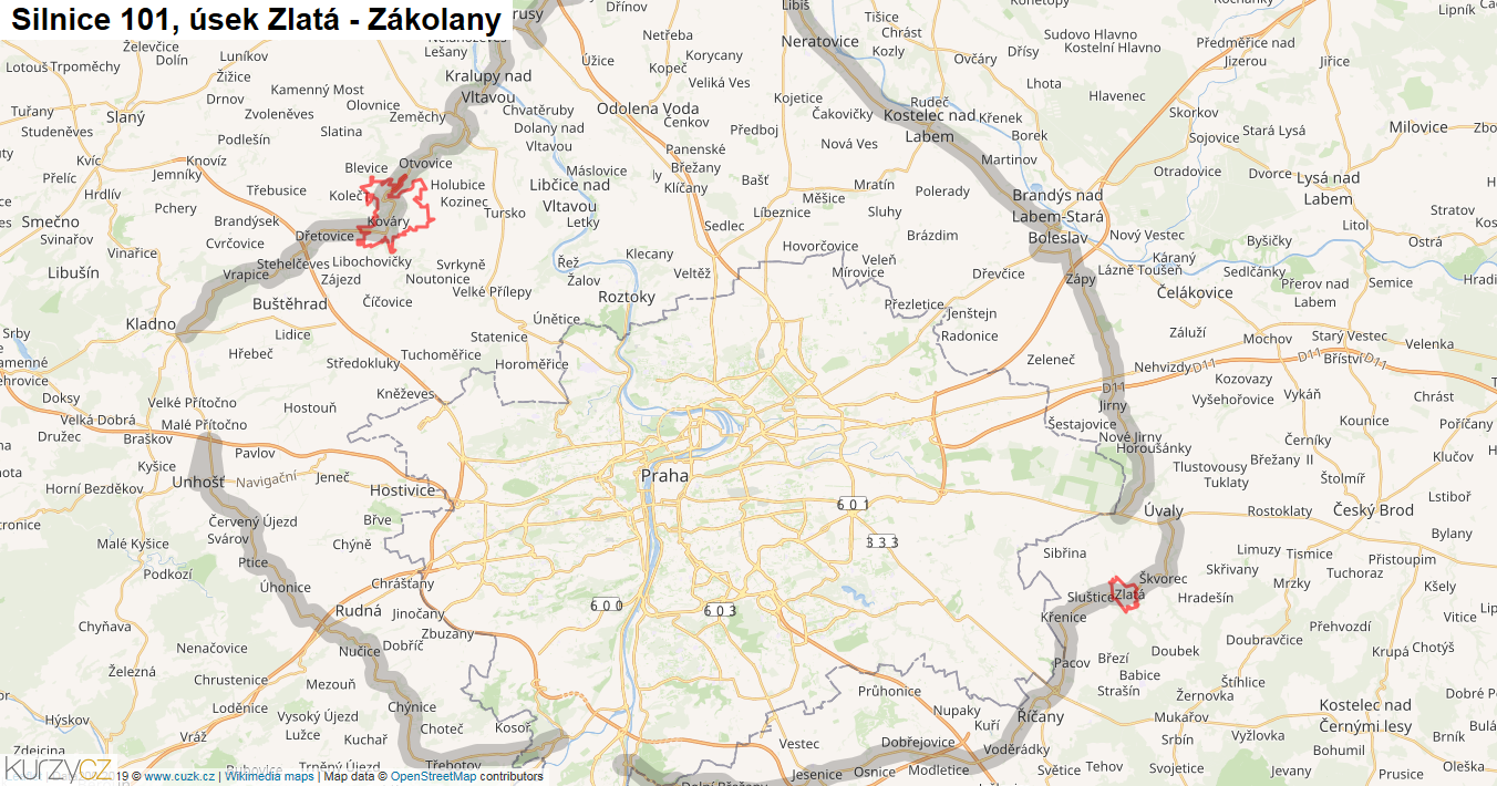 Úsek Zlatá - Zákolany, Silnice 101 - Mapa