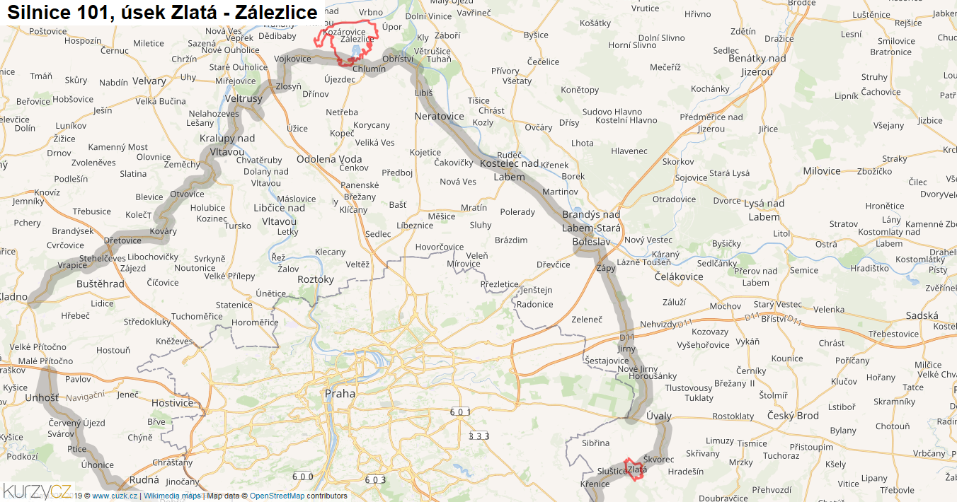 Úsek Zlatá - Zálezlice, Silnice 101 - Mapa