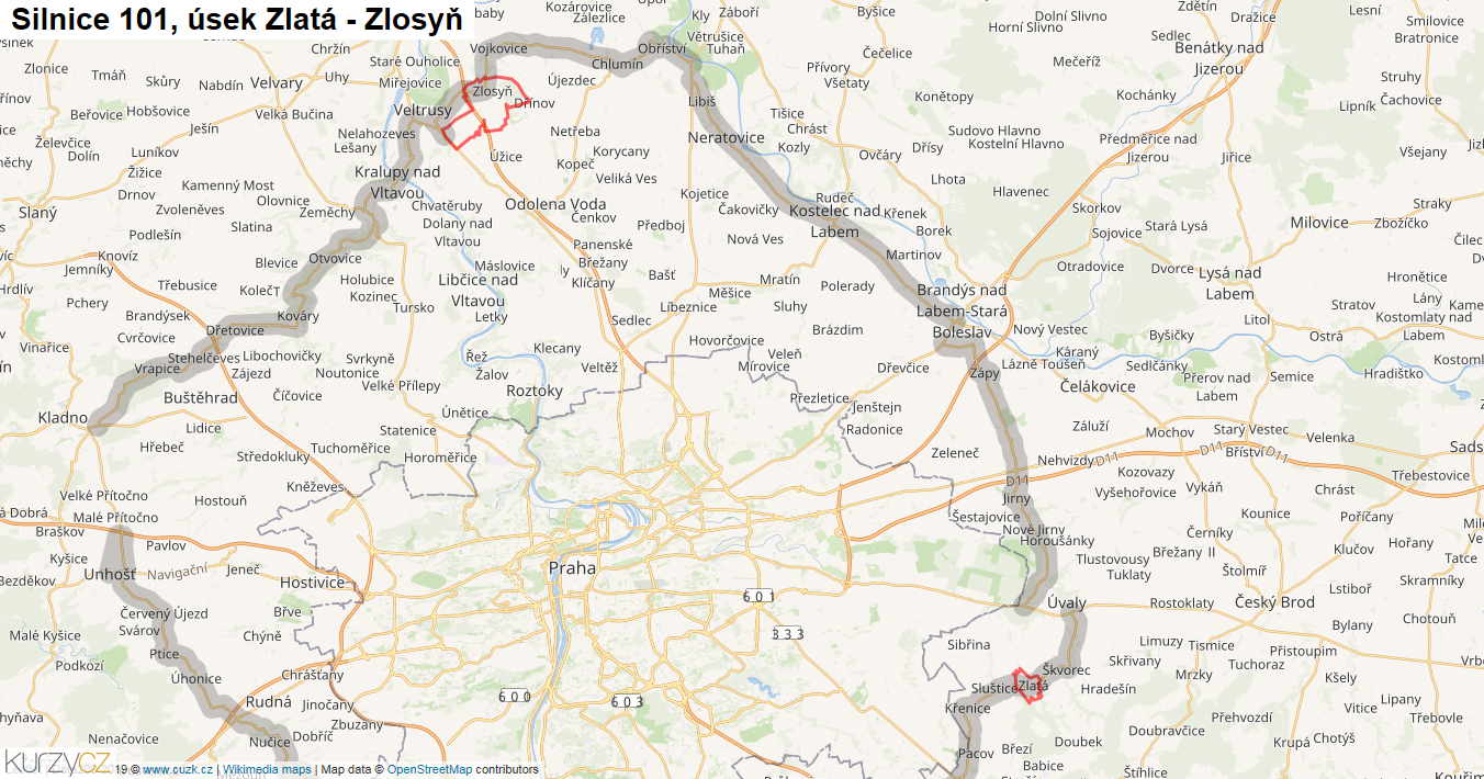 Úsek Zlatá - Zlosyň, Silnice 101 - Mapa