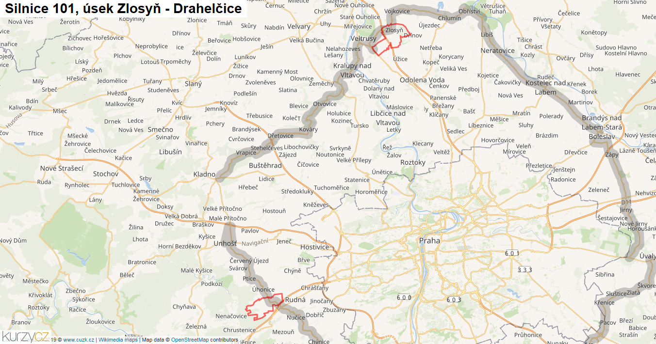 Úsek Zlosyň - Drahelčice, Silnice 101 - Mapa
