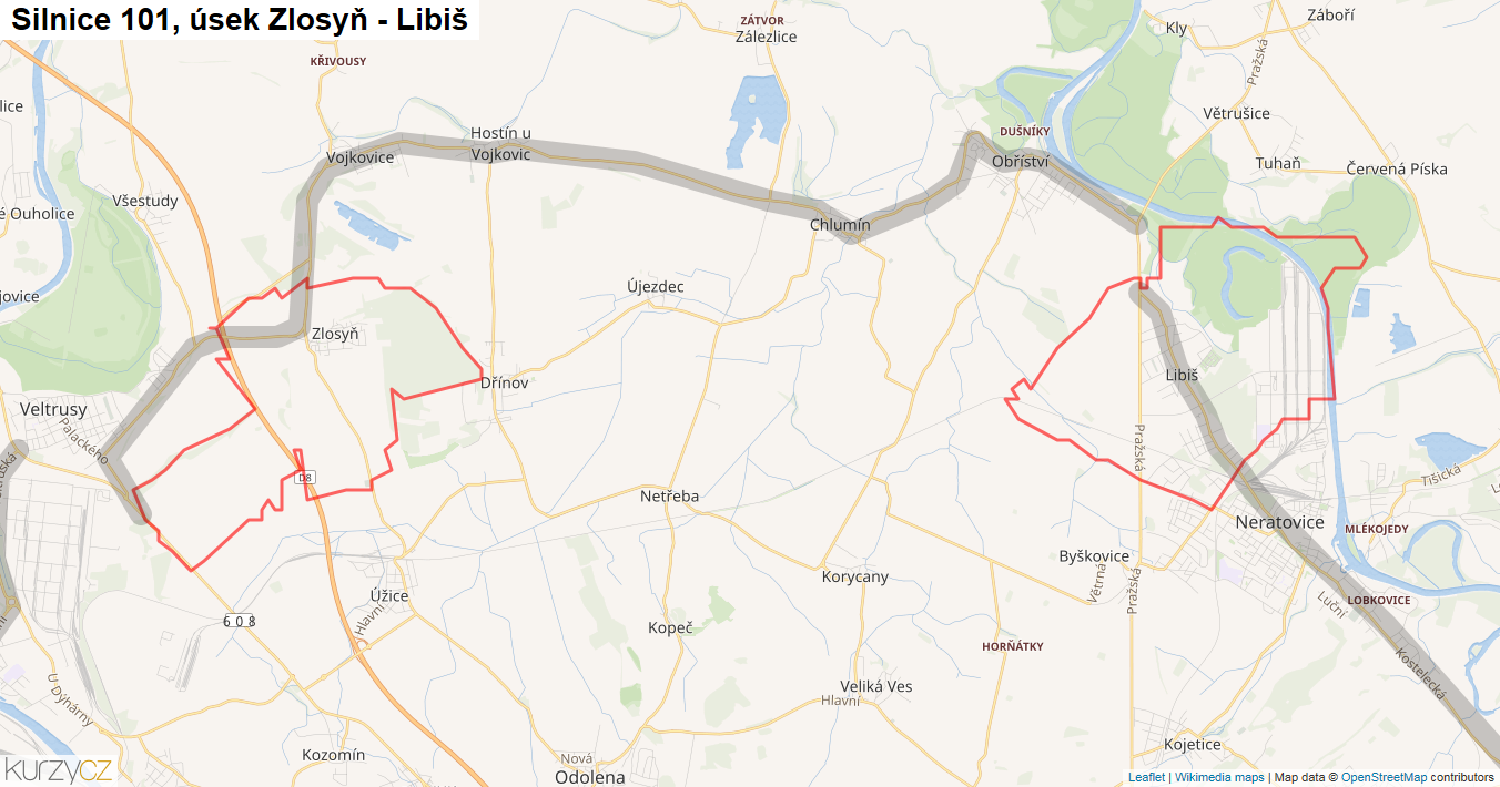 Úsek Zlosyň - Libiš, Silnice 101 - Mapa