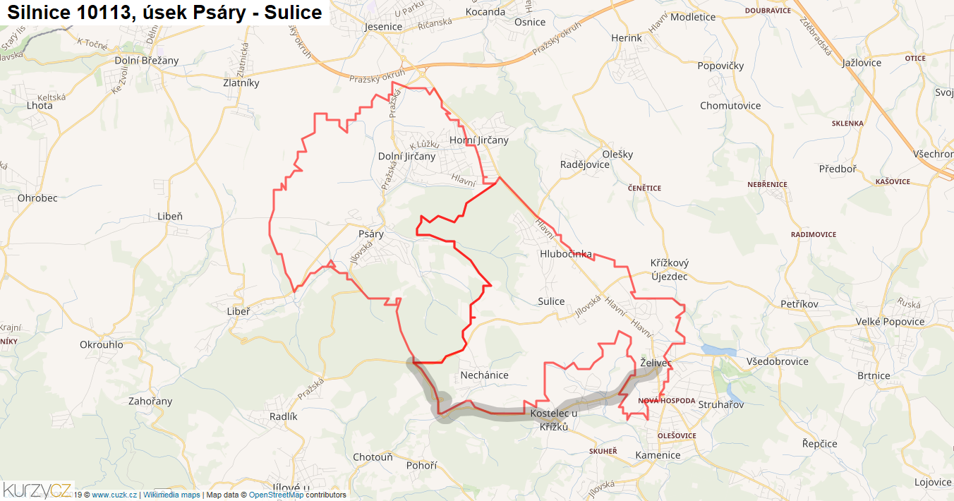 Úsek Psáry - Sulice, Silnice 10113 - Mapa