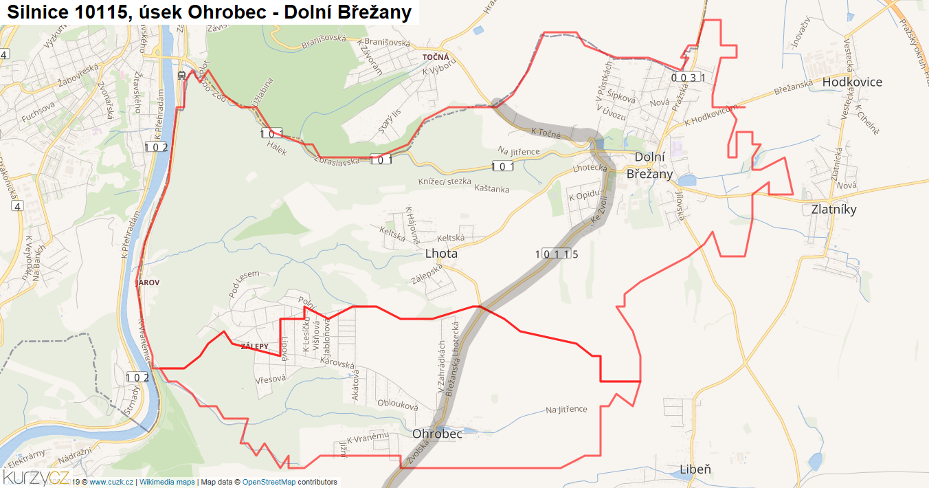 Úsek Ohrobec - Dolní Břežany, Silnice 10115 - Mapa
