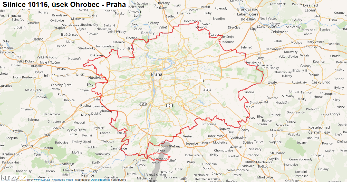 Úsek Ohrobec - Praha, Silnice 10115 - Mapa