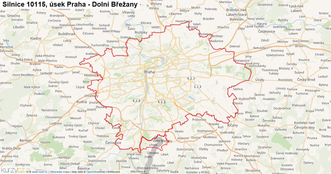 Úsek Praha - Dolní Břežany, Silnice 10115 - Mapa