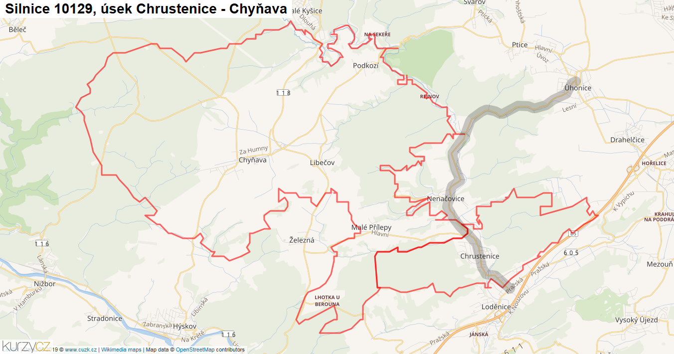 Úsek Chrustenice - Chyňava, Silnice 10129 - Mapa