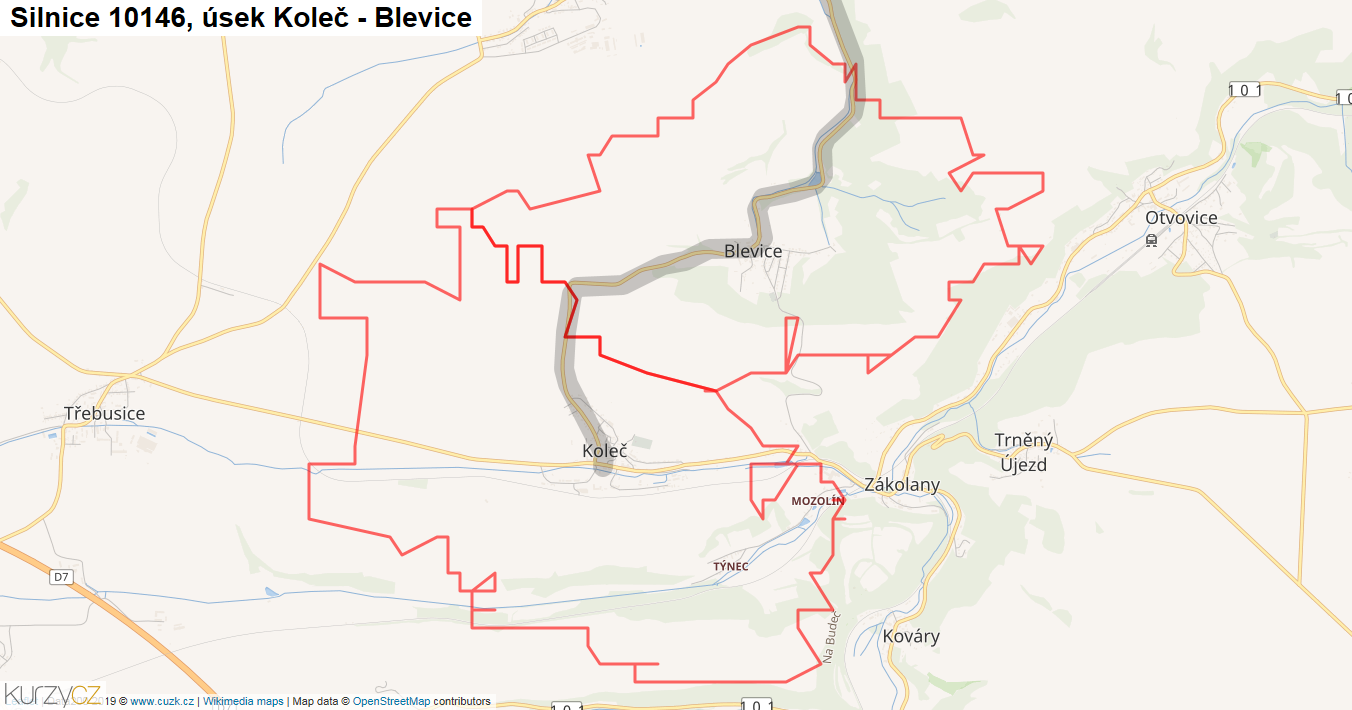Úsek Koleč - Blevice, Silnice 10146 - Mapa