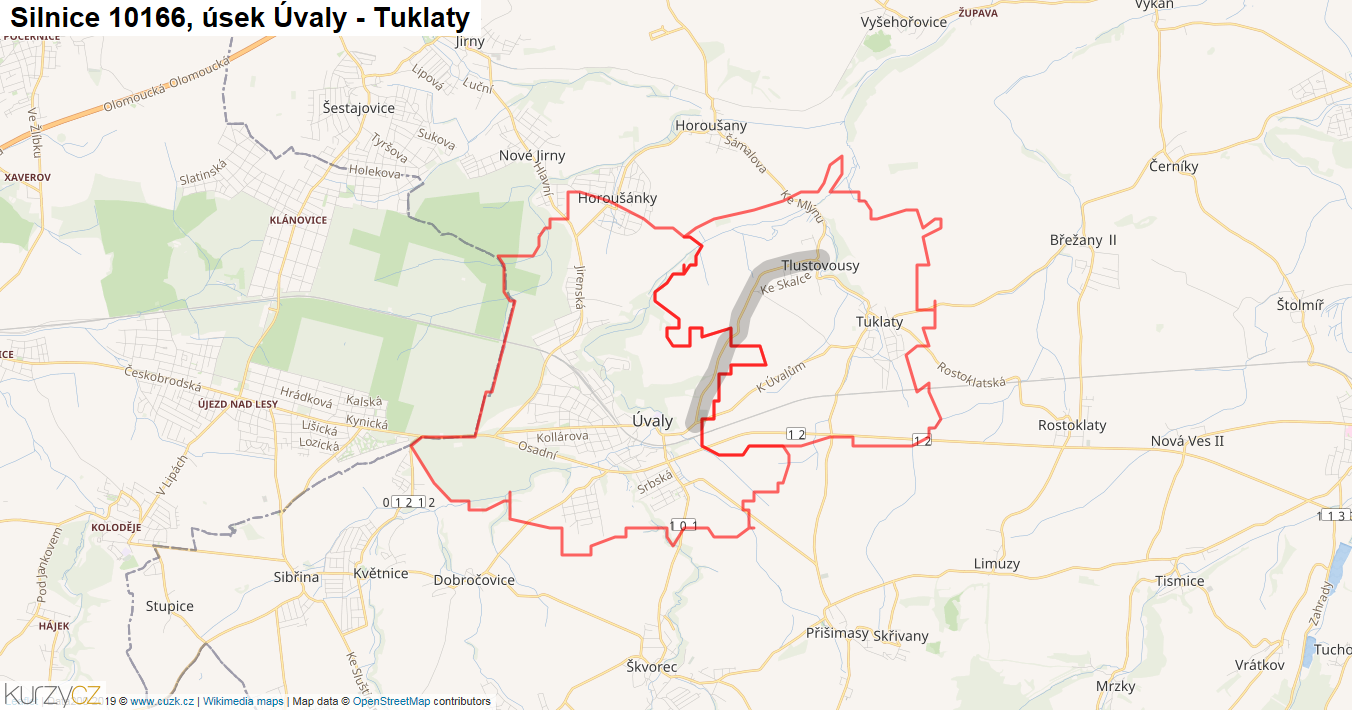 Úsek Úvaly - Tuklaty, Silnice 10166 - Mapa