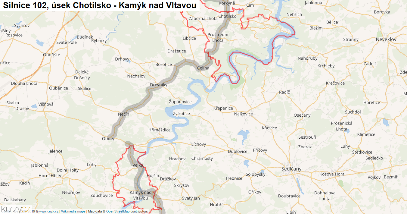 Úsek Chotilsko - Kamýk nad Vltavou, Silnice 102 - Mapa